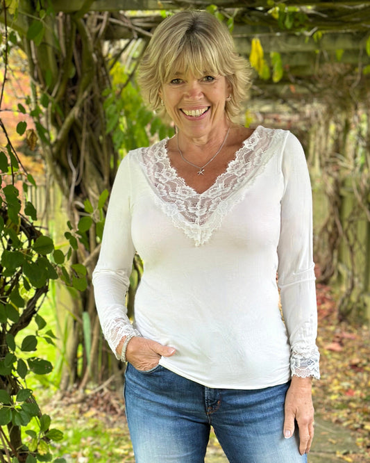 clothing V-Neck Lace Detail Long Sleeved Top - White