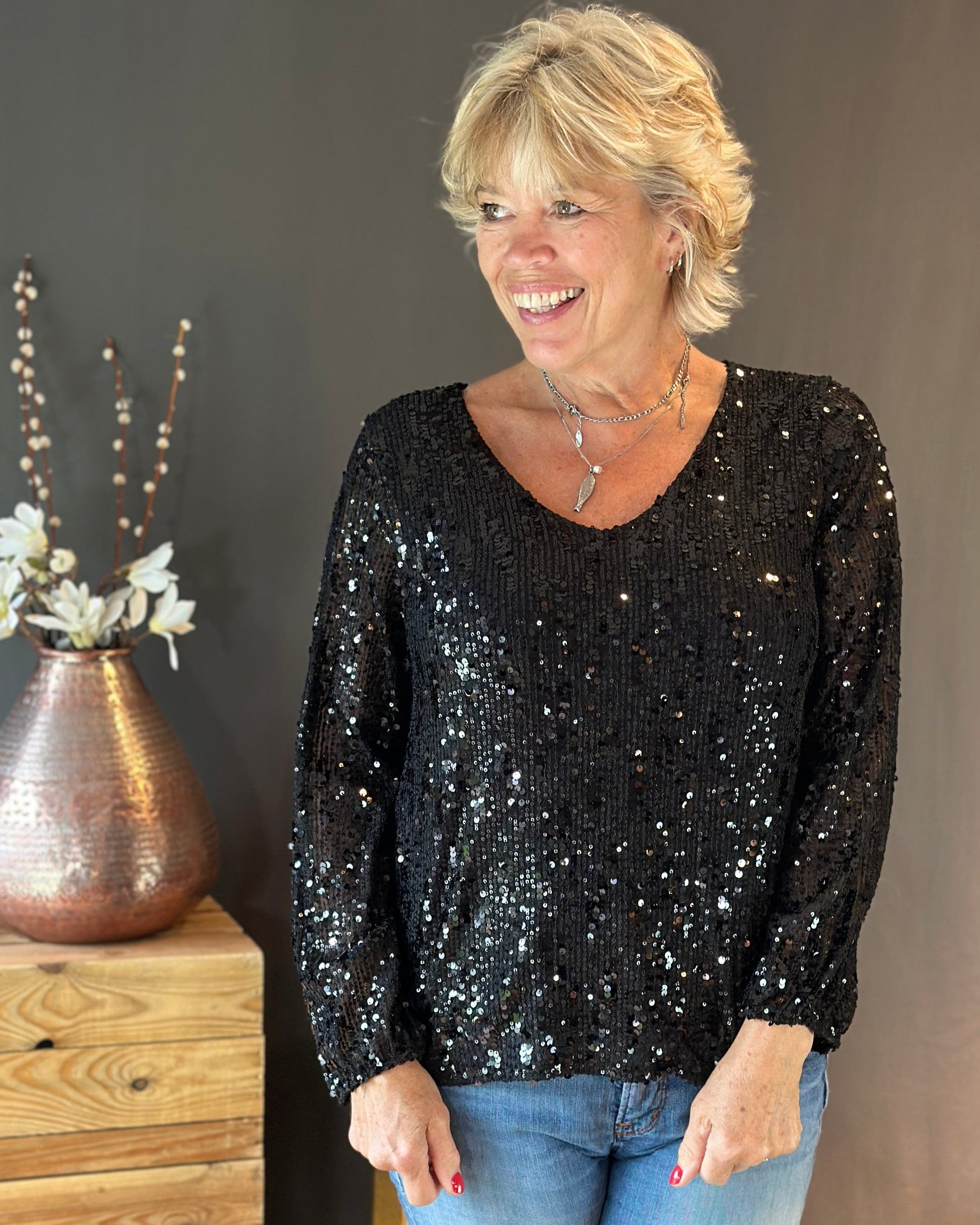 Clothing V-Neck Long Sleeve Sequin Top - Black