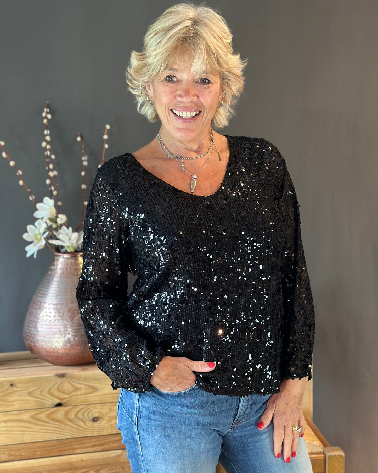 Clothing V-Neck Long Sleeve Sequin Top - Black