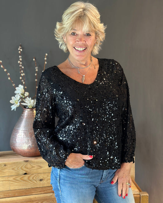 Clothing V-Neck Long Sleeve Sequin Top - Black