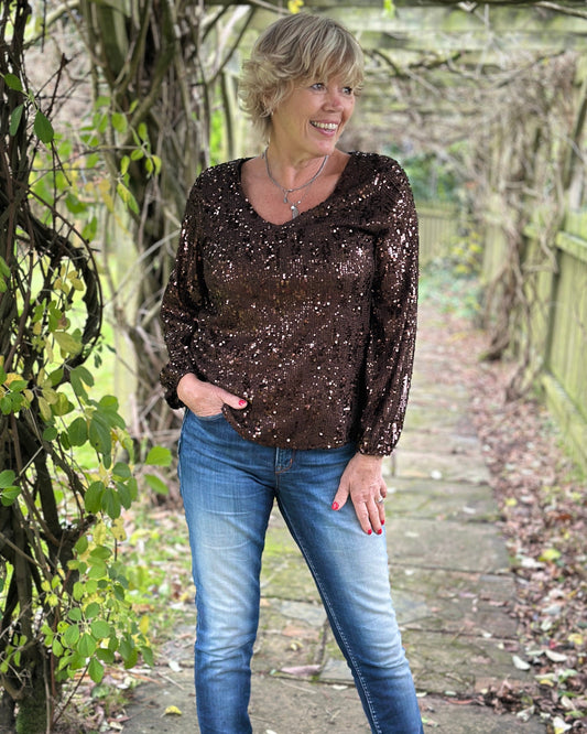Clothing V-Neck Long Sleeve Sequin Top - Chocolate
