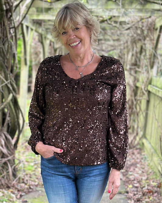 Clothing V-Neck Long Sleeve Sequin Top - Chocolate