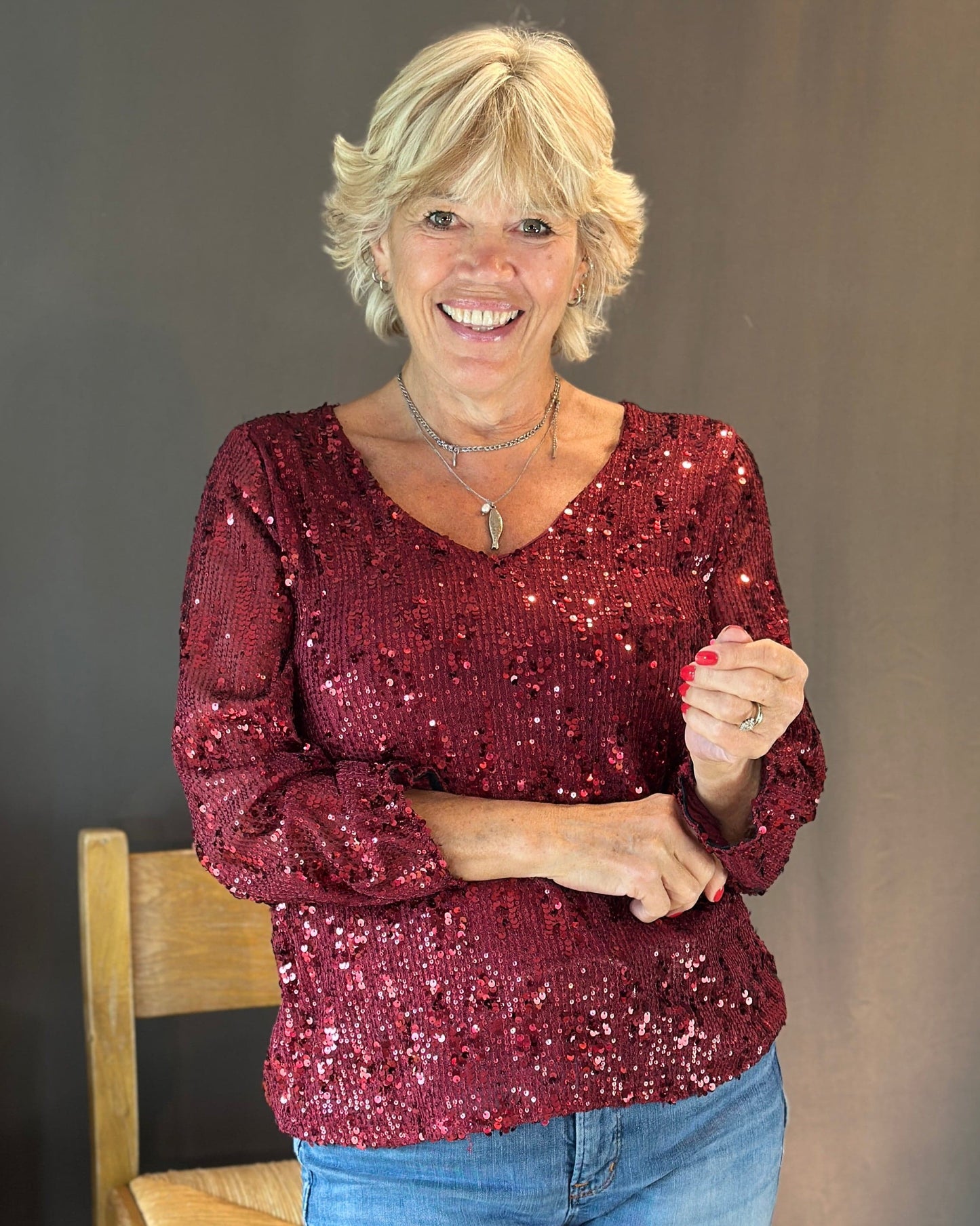 Clothing V-Neck Long Sleeve Sequin Top - Wine