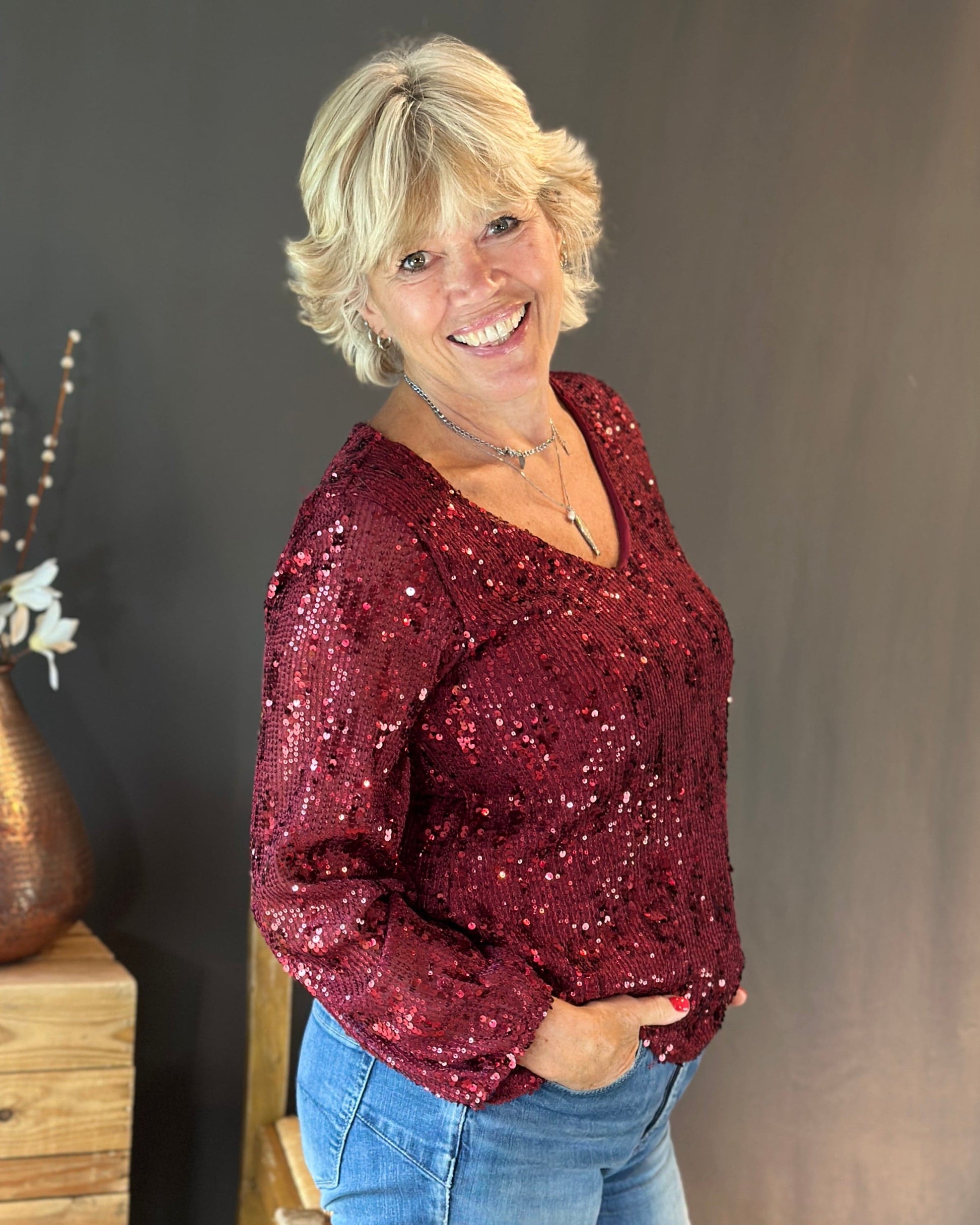 Clothing V-Neck Long Sleeve Sequin Top - Wine