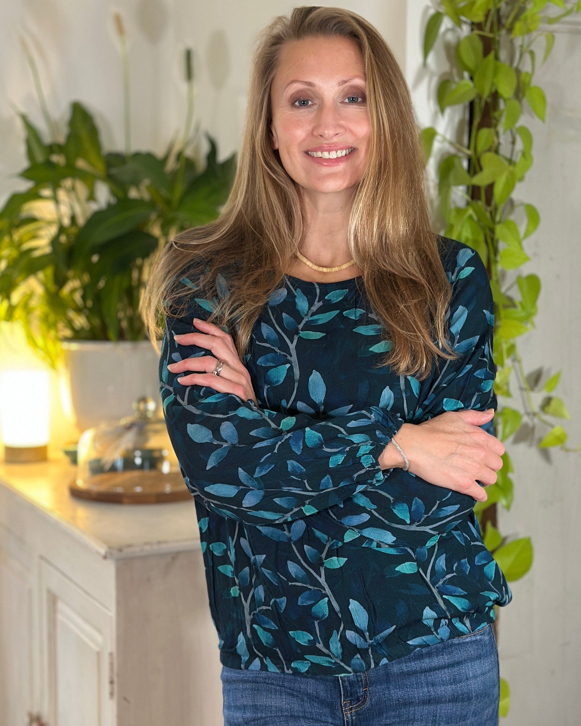 Clothing Vine Leaves Print Blouse - Teal