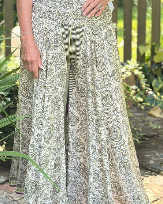 clothing Wide Leg Silk Trousers - Paisley Olive/Beige