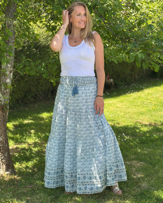 Clothing Wood Block Print Cotton Gypsy Skirt - Blue Floral