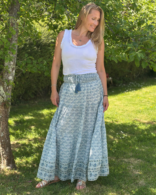 Clothing Wood Block Print Cotton Gypsy Skirt - Blue Floral