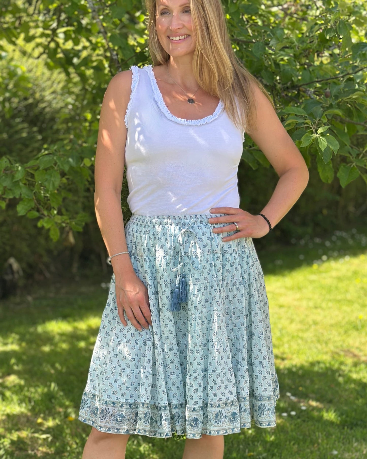 Clothing Wood Block Print Cotton Gypsy Skirt - Blue Floral