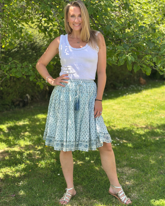 Clothing Wood Block Print Cotton Gypsy Skirt - Blue Floral