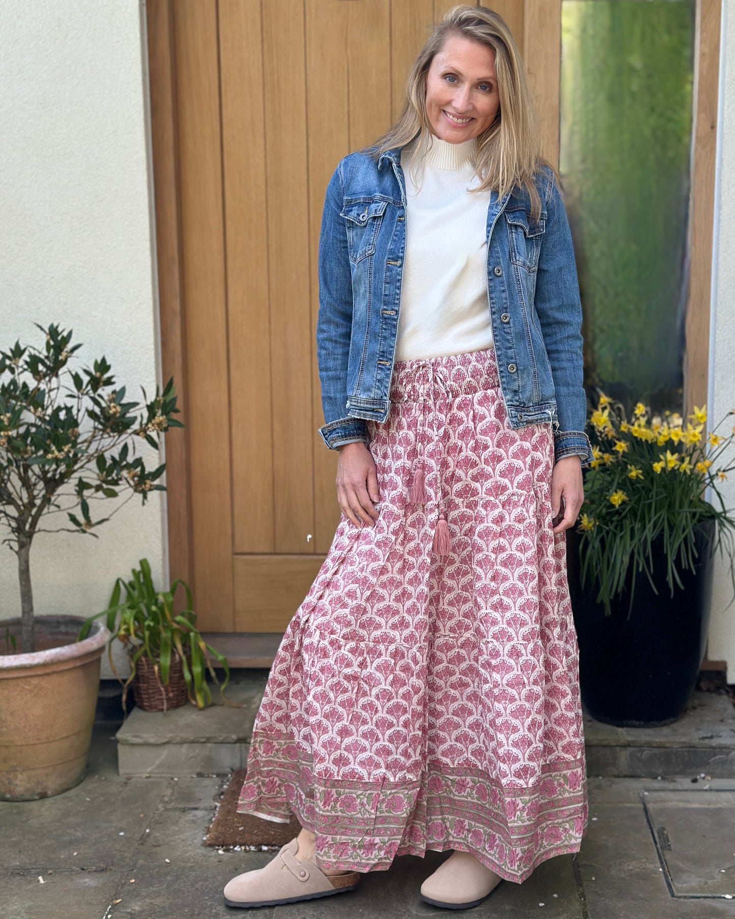 Clothing Wood Block Print Cotton Gypsy Skirt - Pink Floral