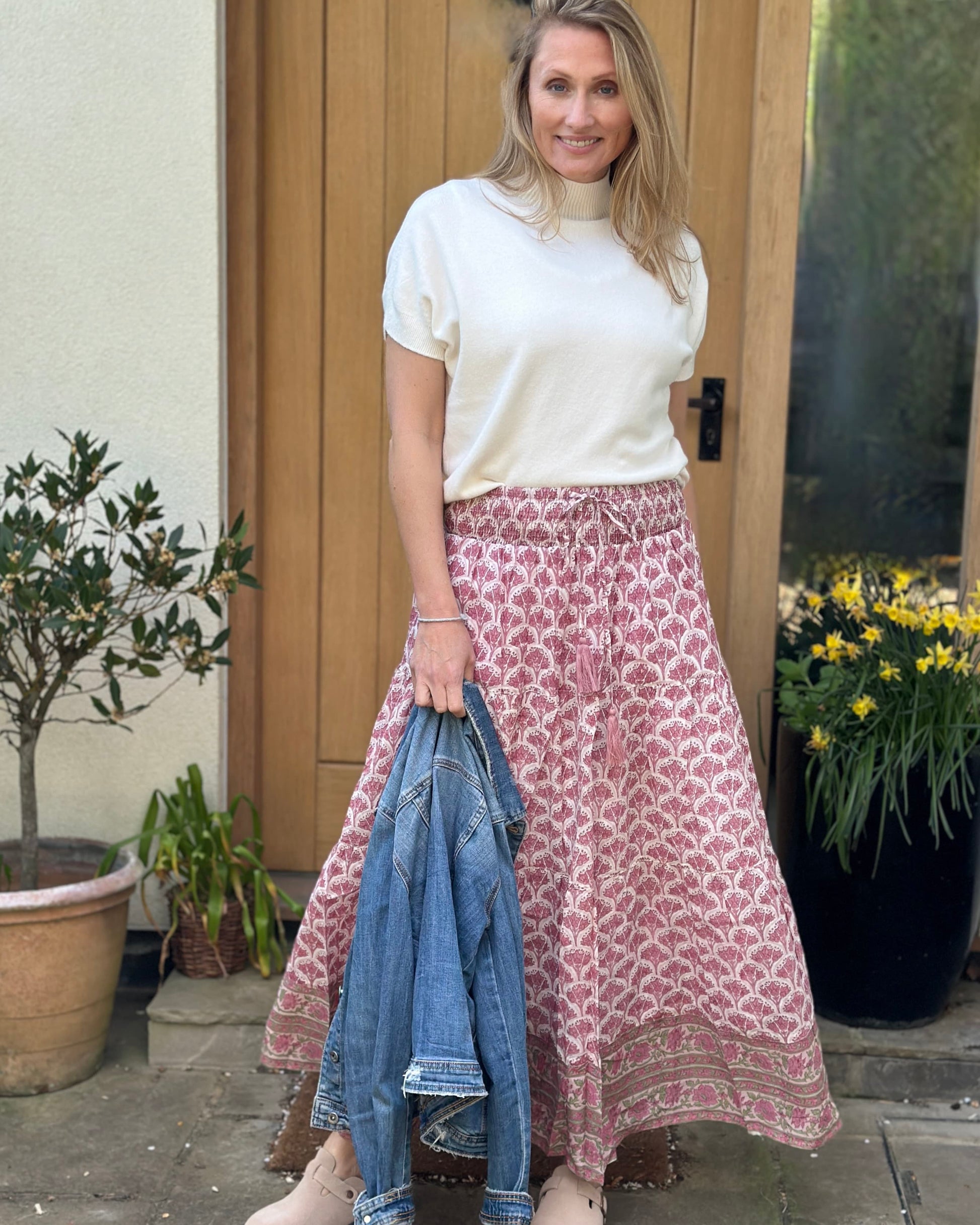 Clothing Wood Block Print Cotton Gypsy Skirt - Pink Floral