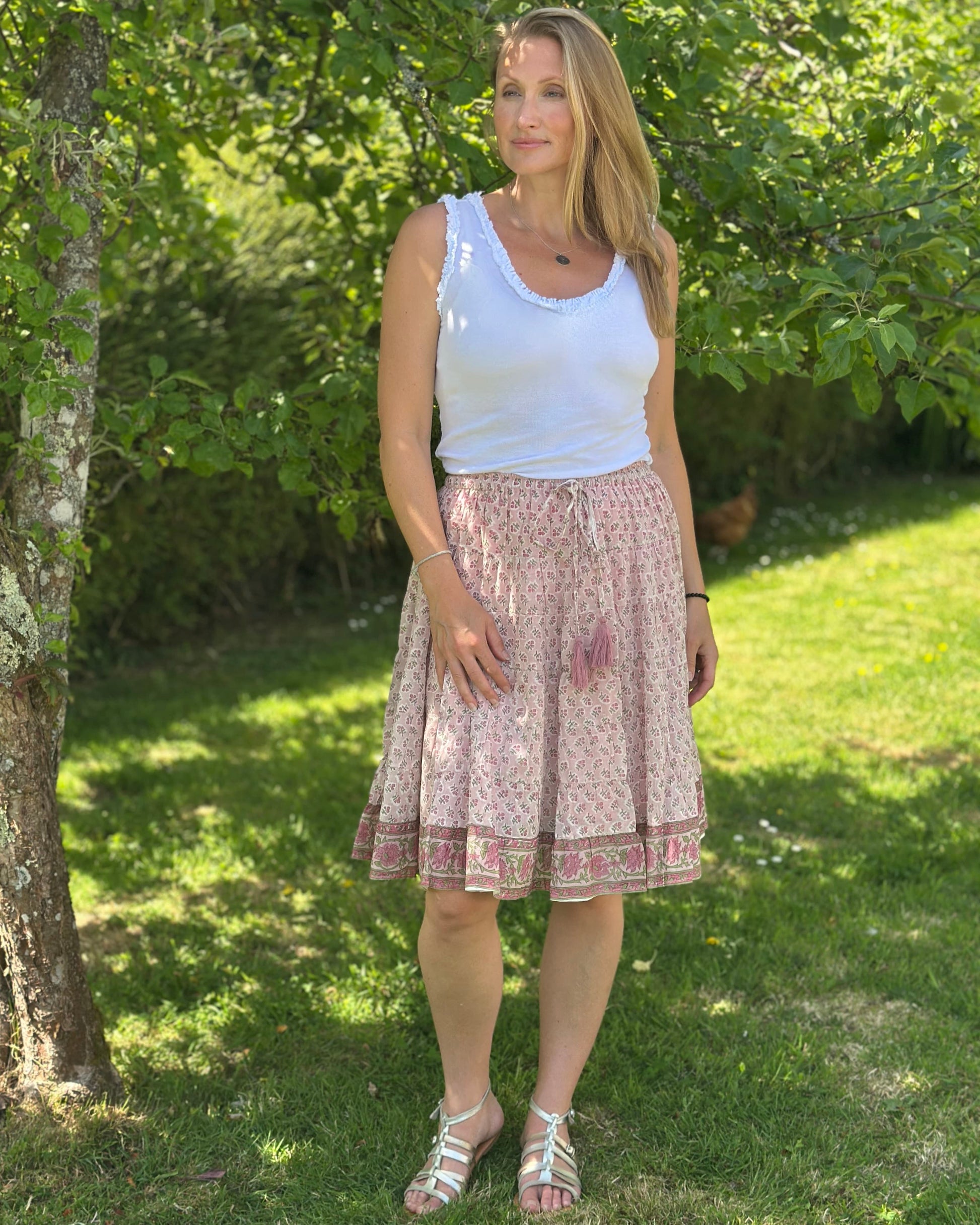 Clothing Wood Block Print Cotton Gypsy Skirt - Pink Floral