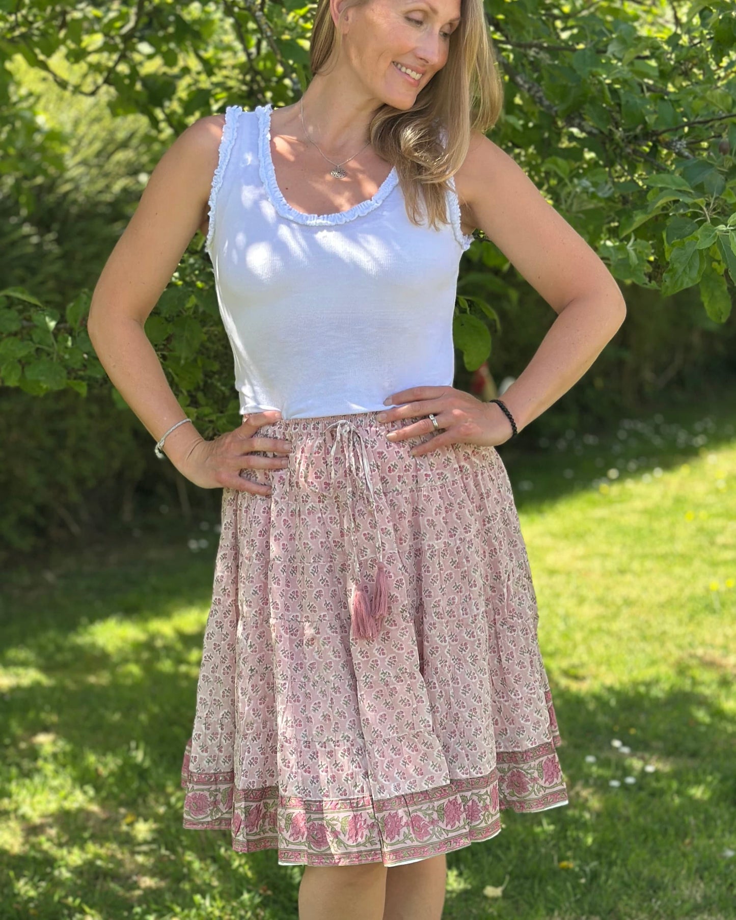 Clothing Wood Block Print Cotton Gypsy Skirt - Pink Floral