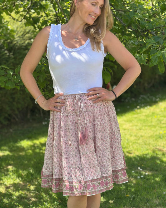 Clothing Wood Block Print Cotton Gypsy Skirt - Pink Floral