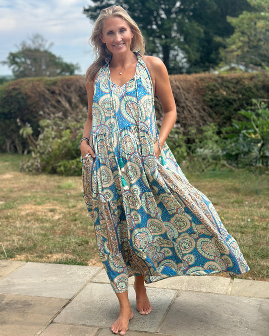 Cold Silk Halterneck Print Dress - Turquoise