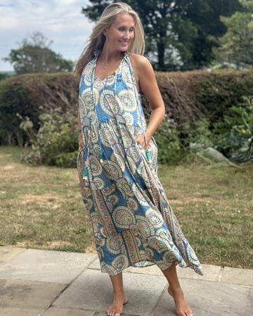 Cold Silk Halterneck Print Dress - Turquoise