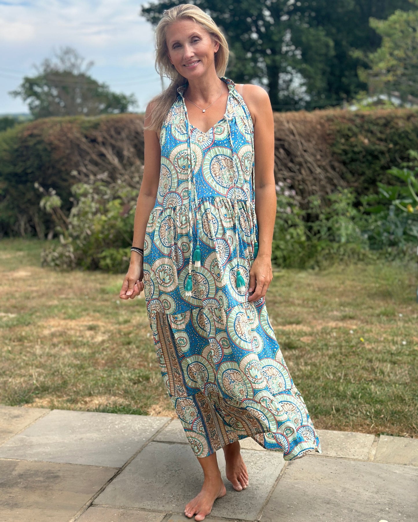 Cold Silk Halterneck Print Dress - Turquoise