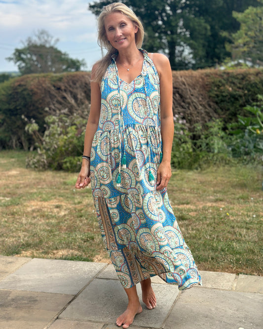 Cold Silk Halterneck Print Dress - Turquoise