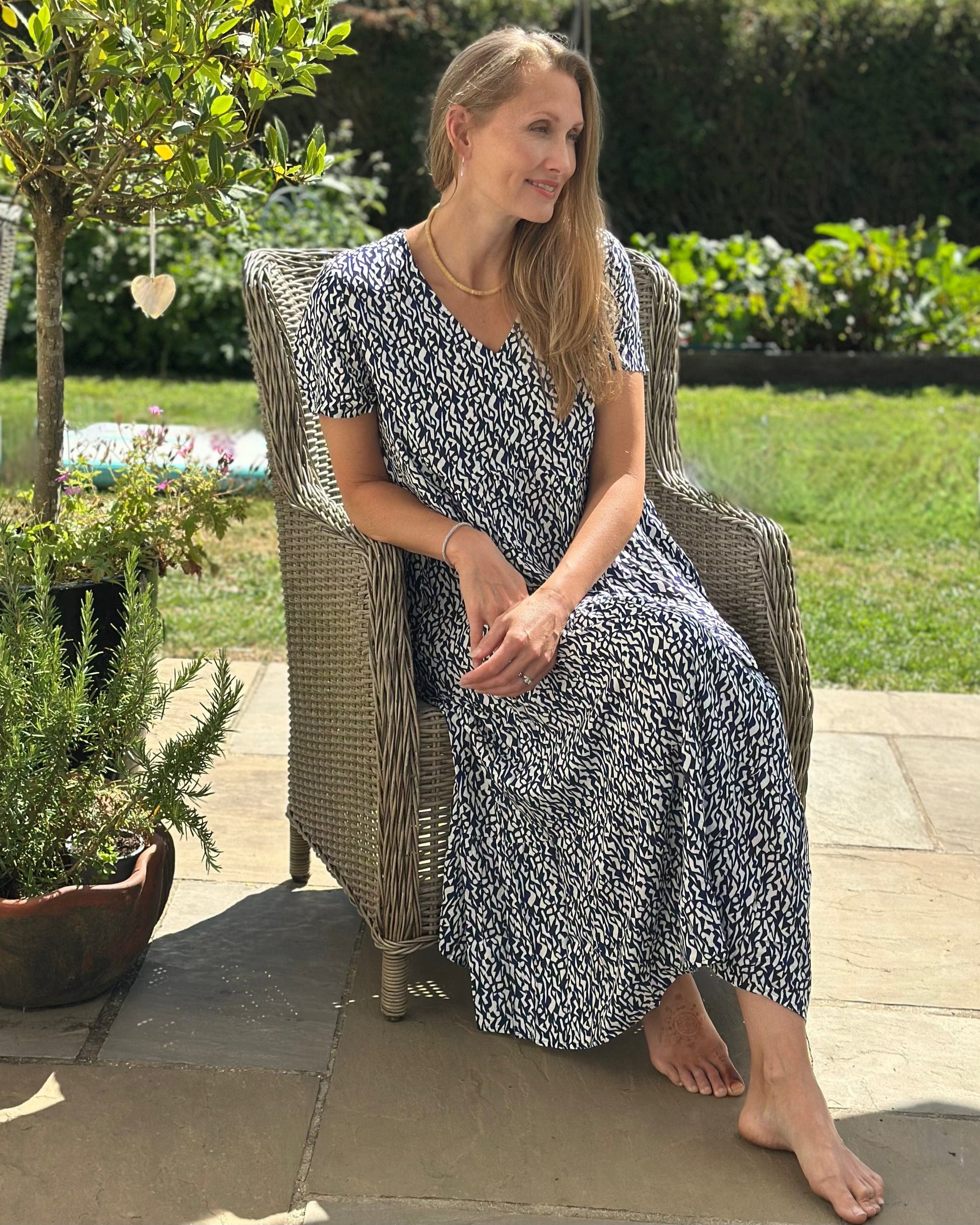 dress Distressed Geo Print Tiered Dress - Navy