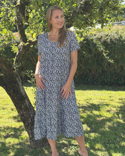 dress Distressed Geo Print Tiered Dress - Navy