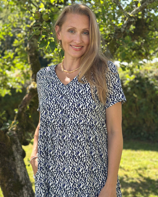 dress Distressed Geo Print Tiered Dress - Navy