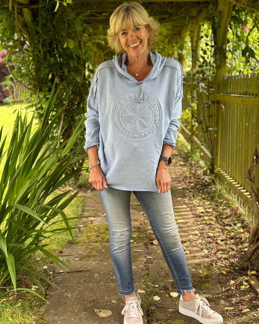 Embossed 'Nord' Hoodie Sweatshirt - Pale Blue