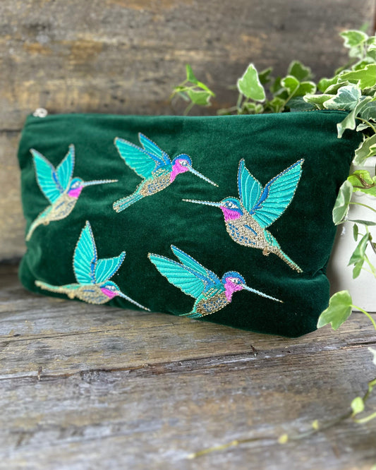 Embroidered Hummingbirds Velvet Everyday Bag - Teal