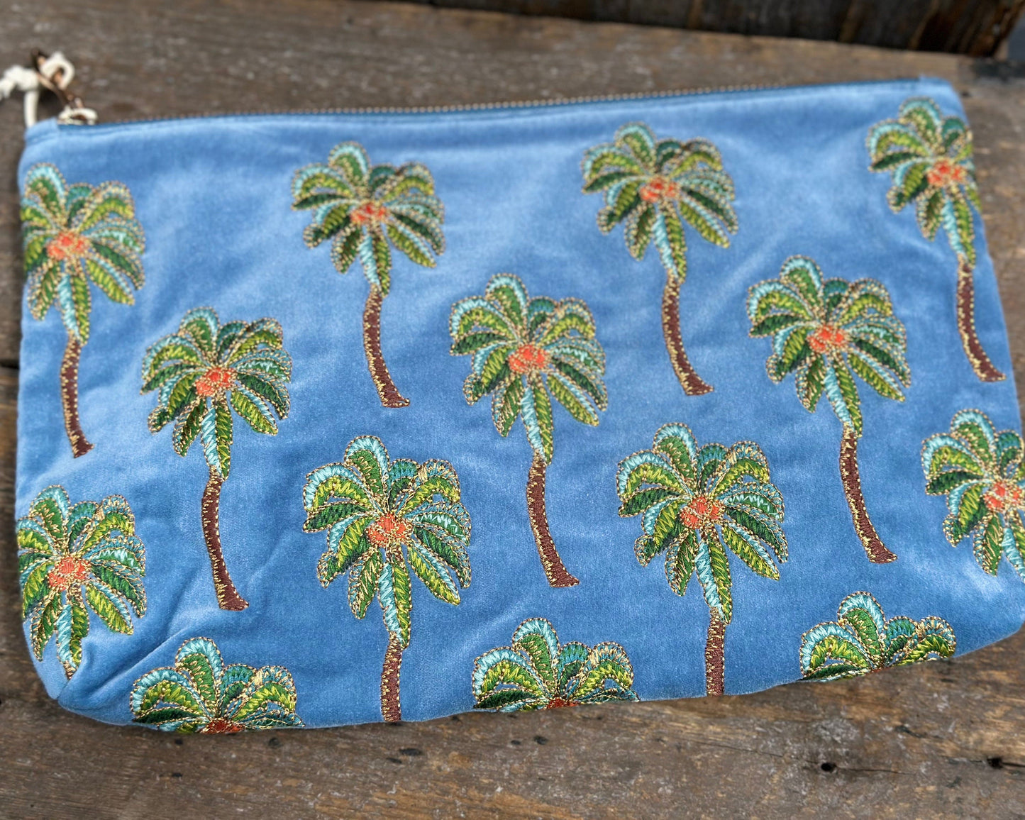 Embroidered Sunset Palm Velvet Everyday Bag - Dusky Blue