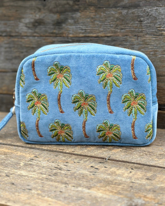 Embroidered Sunset Palm Velvet Make Up Bag - Dusky Blue