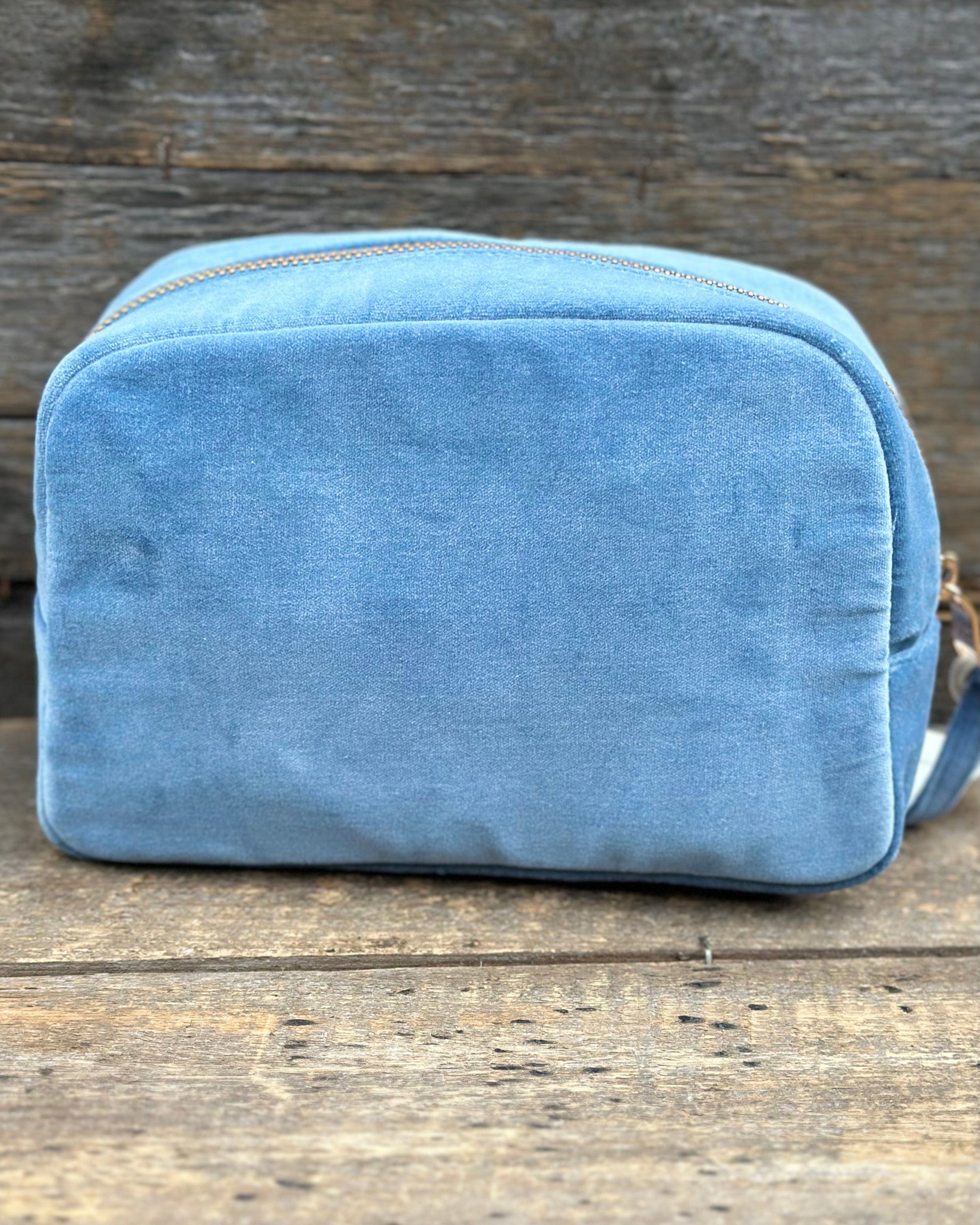 Embroidered Sunset Palm Velvet Make Up Bag - Dusky Blue