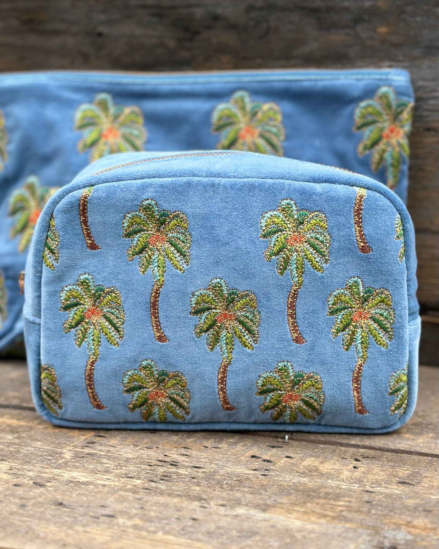 Embroidered Sunset Palm Velvet Make Up Bag - Dusky Blue