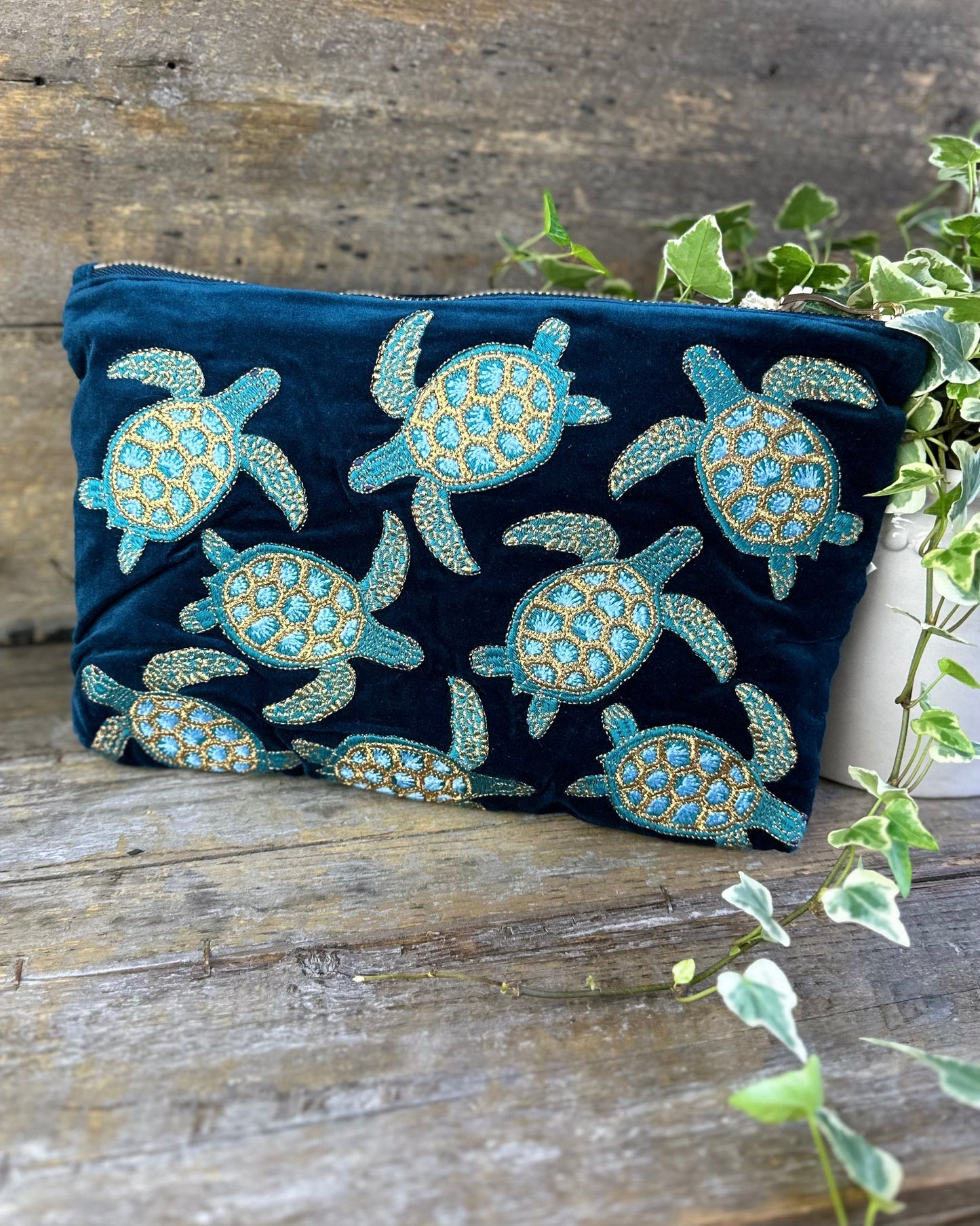 Embroidered Turtles Velvet Everyday Bag - Teal