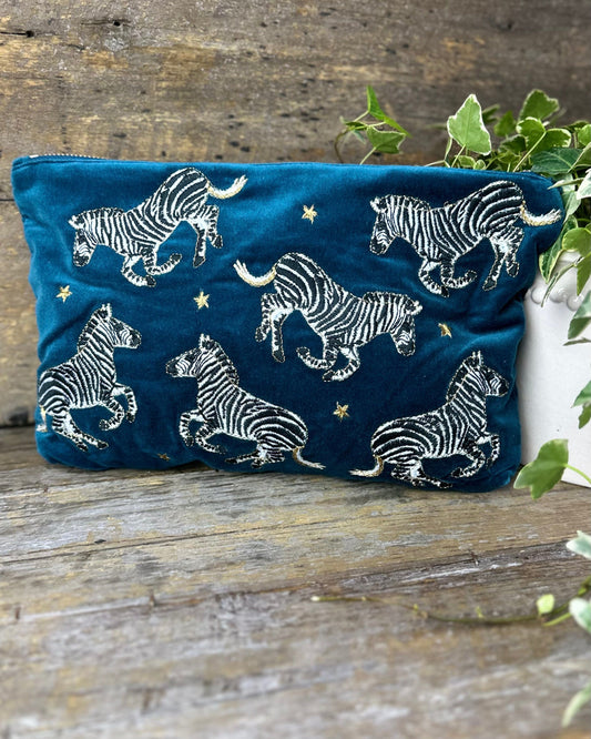 Embroidered Zebras Velvet Everyday Bag - Teal