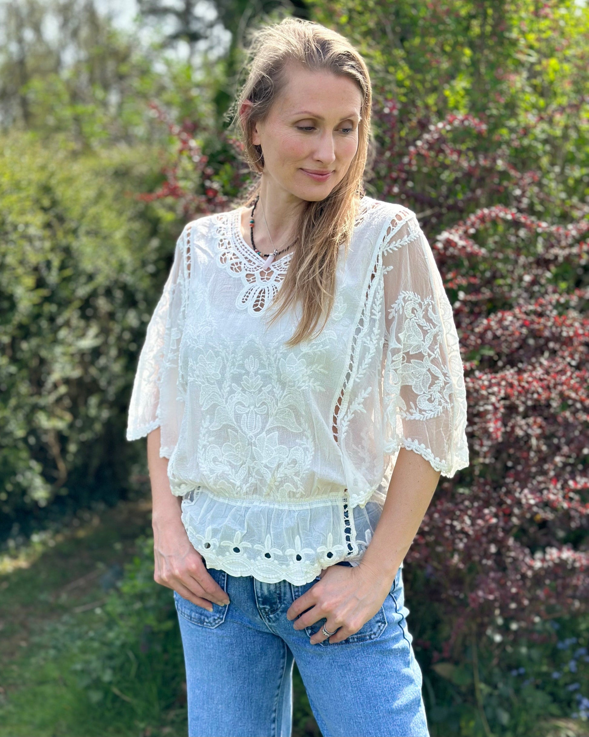 Floral Lace Butterfly Sleeve Top - Ivory
