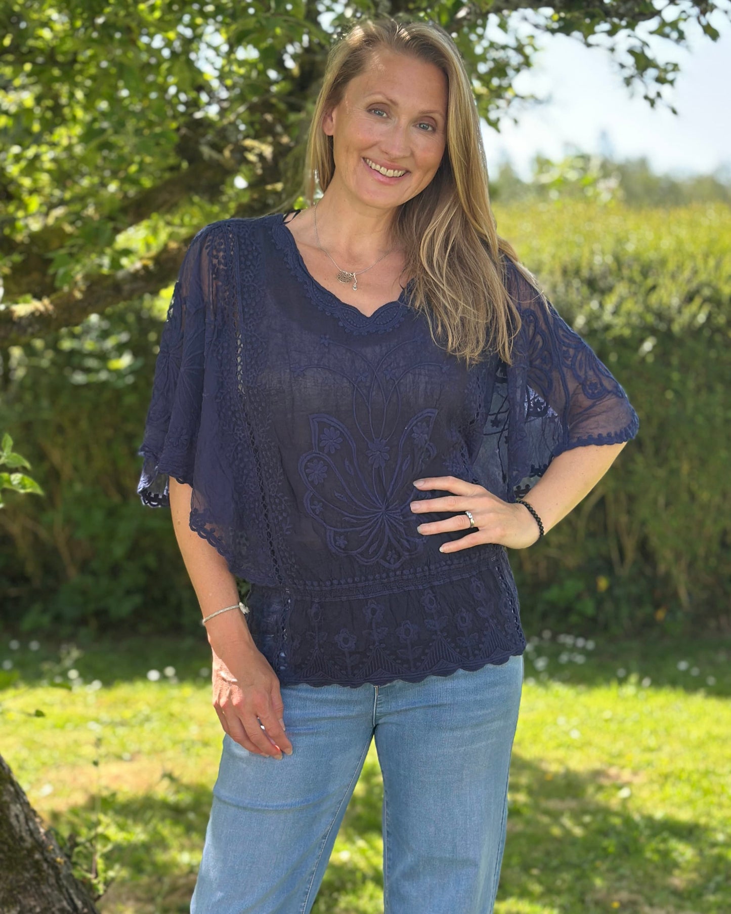 Floral Lace Butterfly Sleeve Top - Navy