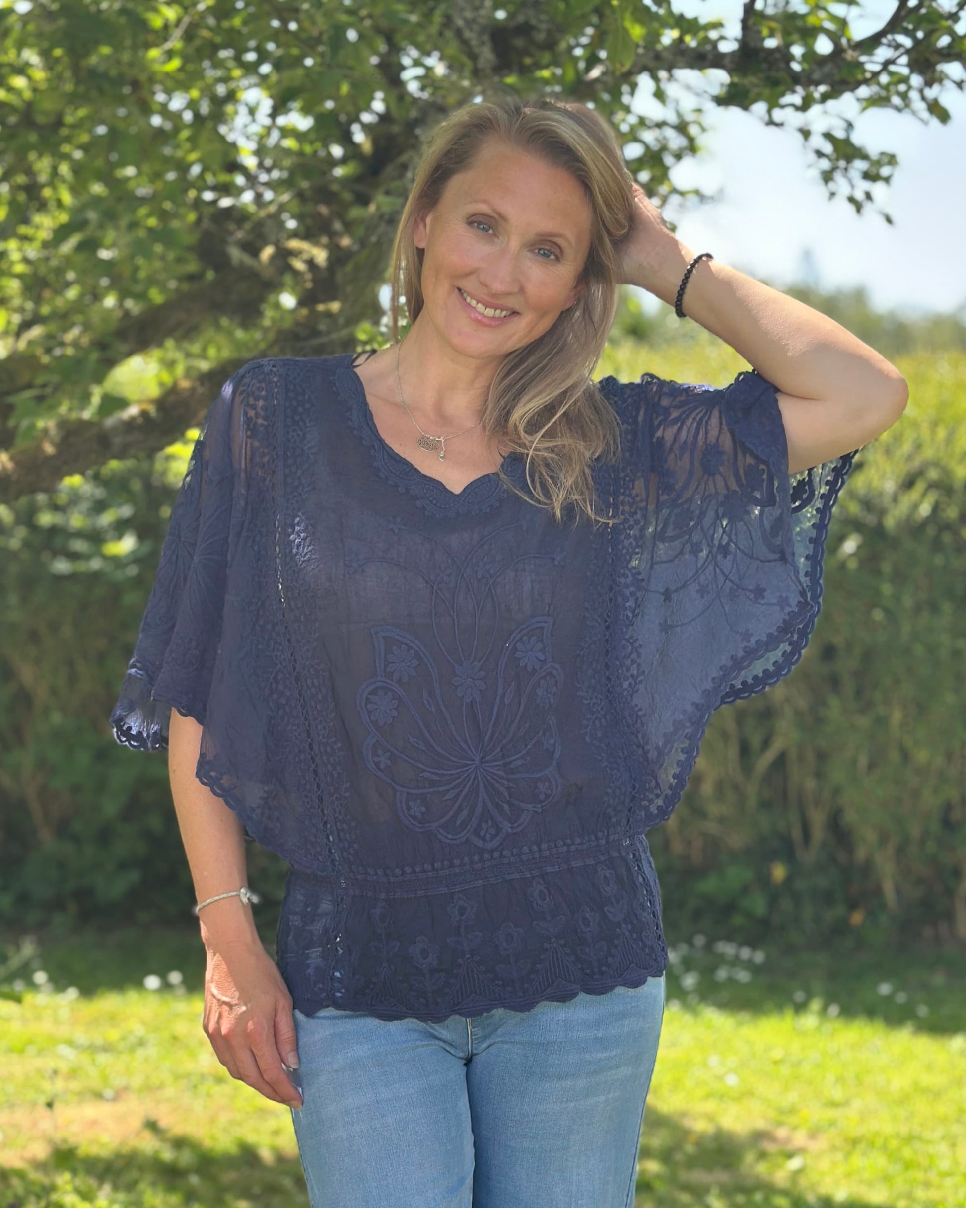 Floral Lace Butterfly Sleeve Top - Navy