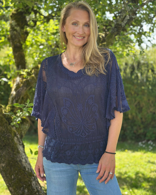 Floral Lace Butterfly Sleeve Top - Navy