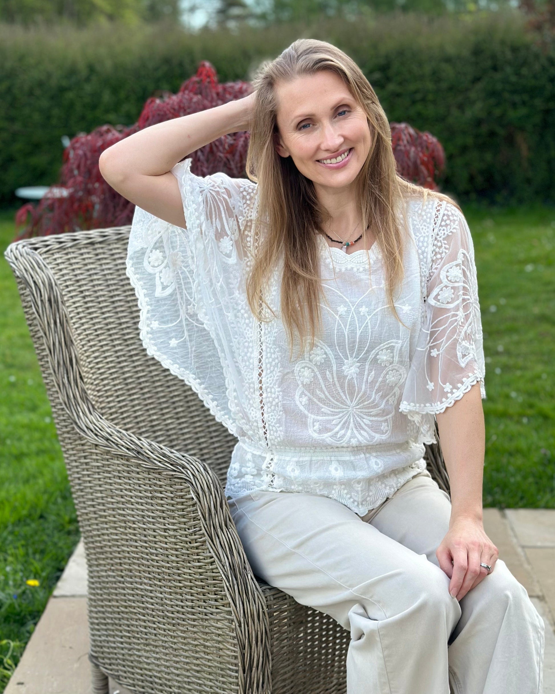 Floral Lace Butterfly Sleeve Top - White