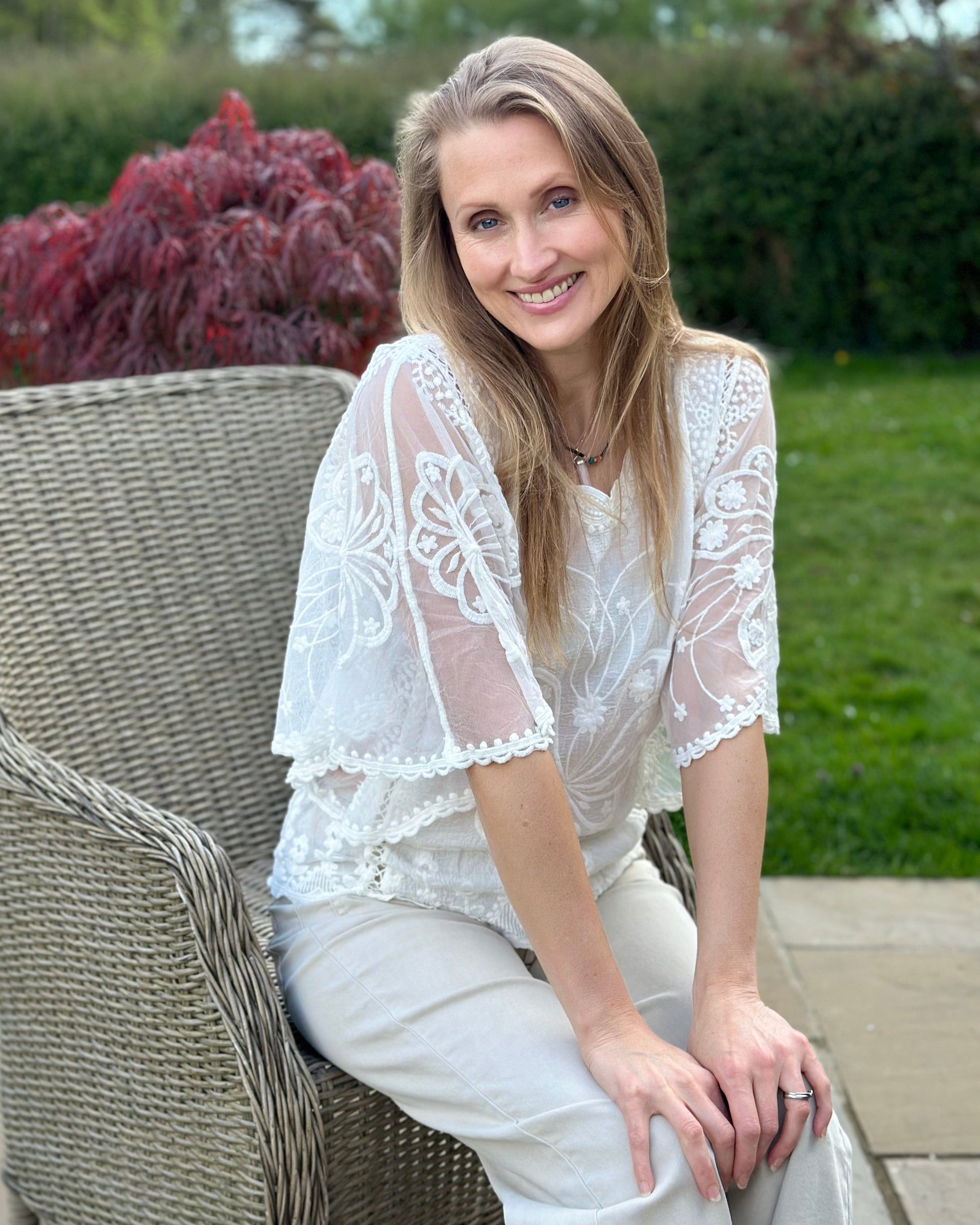 Floral Lace Butterfly Sleeve Top - White