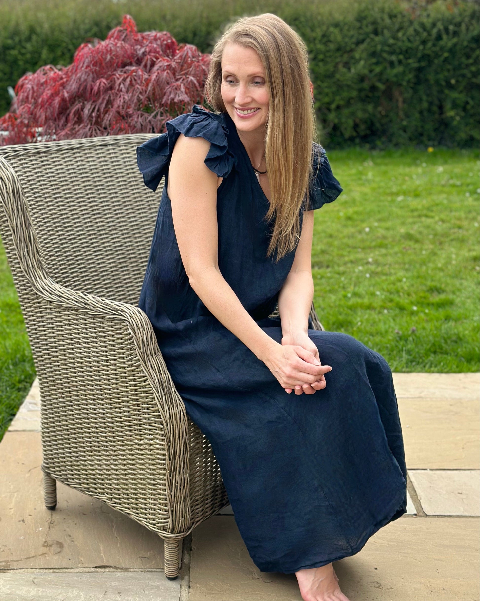 Frill Sleeve Linen Dress - Navy