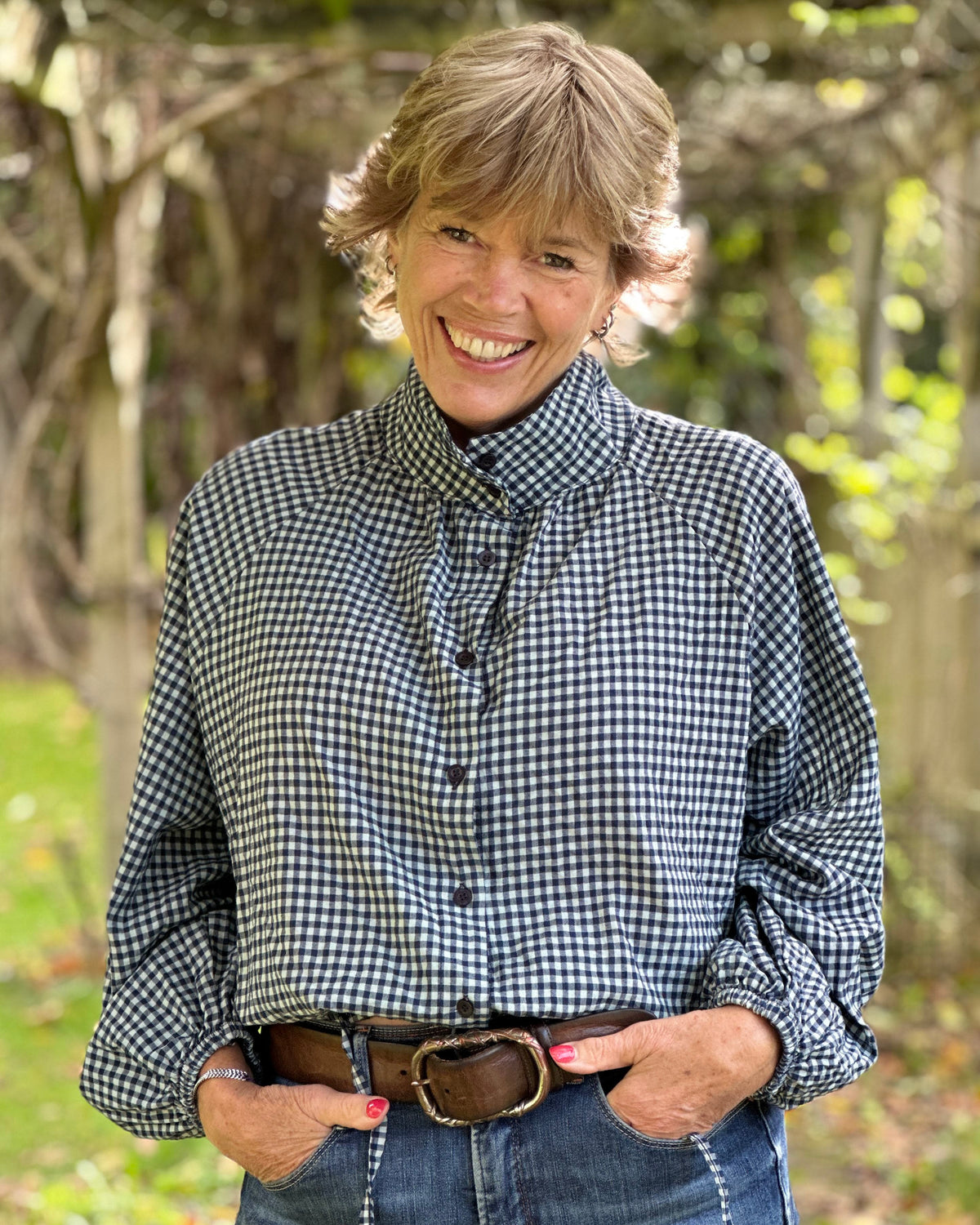 Gingham High Neck Top - Navy