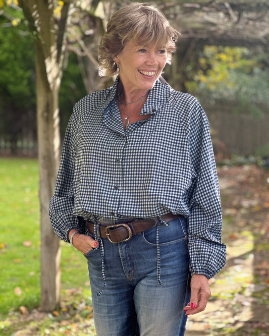 Gingham High Neck Top - Navy