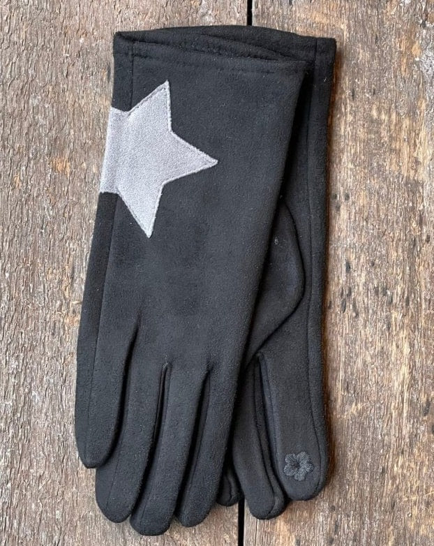 Gloves Faux Suede Gloves With Applique Star - Black
