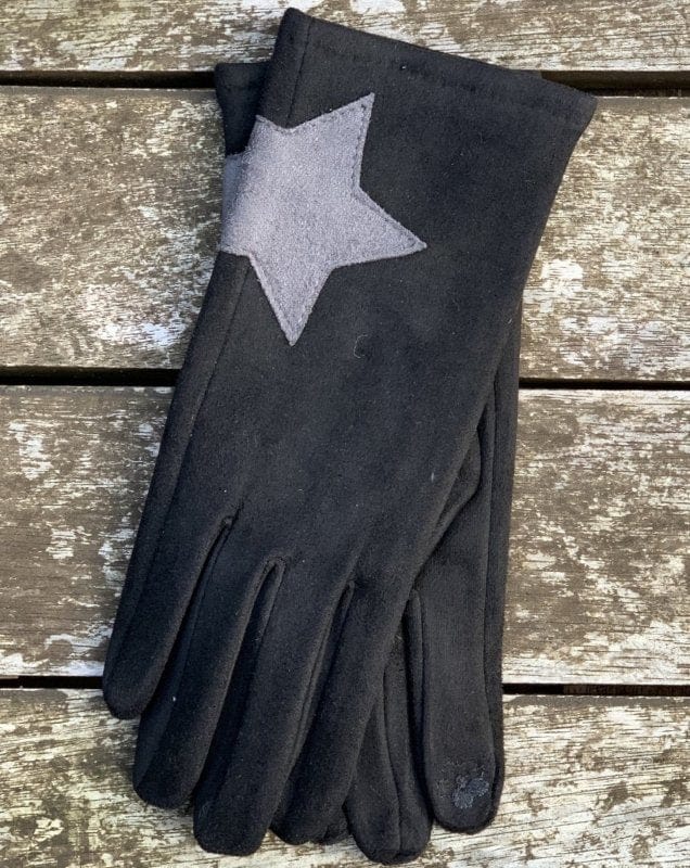 Gloves Faux Suede Gloves With Applique Star - Black