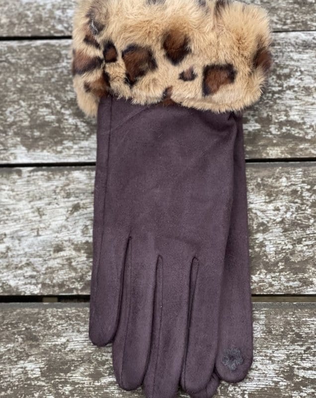 Gloves Faux Suede Gloves with Faux Fur Leopard Cuff - Chocolate Brown