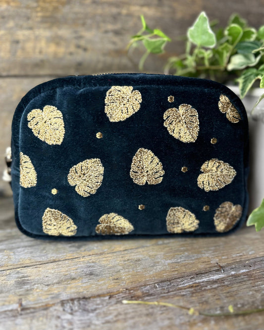 Gold Leaf Velvet Cosmetics Bag - Charcoal