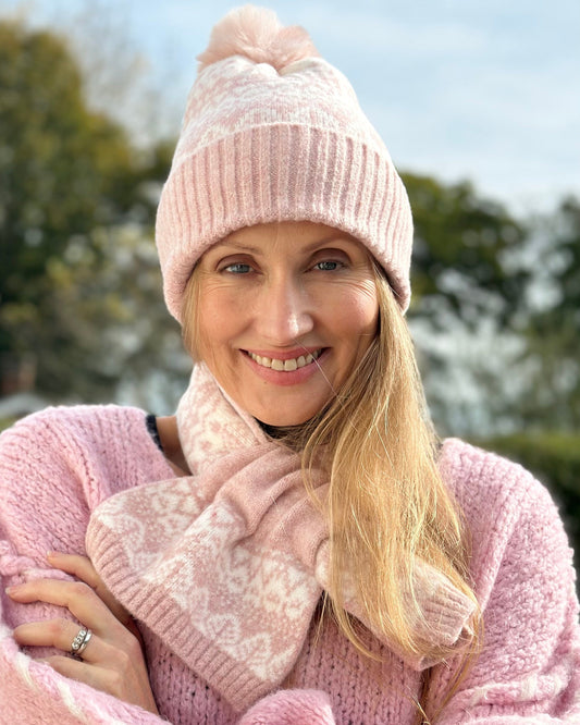 Hats Fairisle Mix Pull Through Scarf - Pale Pink