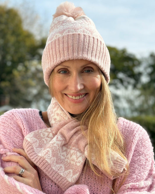 Hats Fairisle Soft Pom Pom Hat - Pale Pink