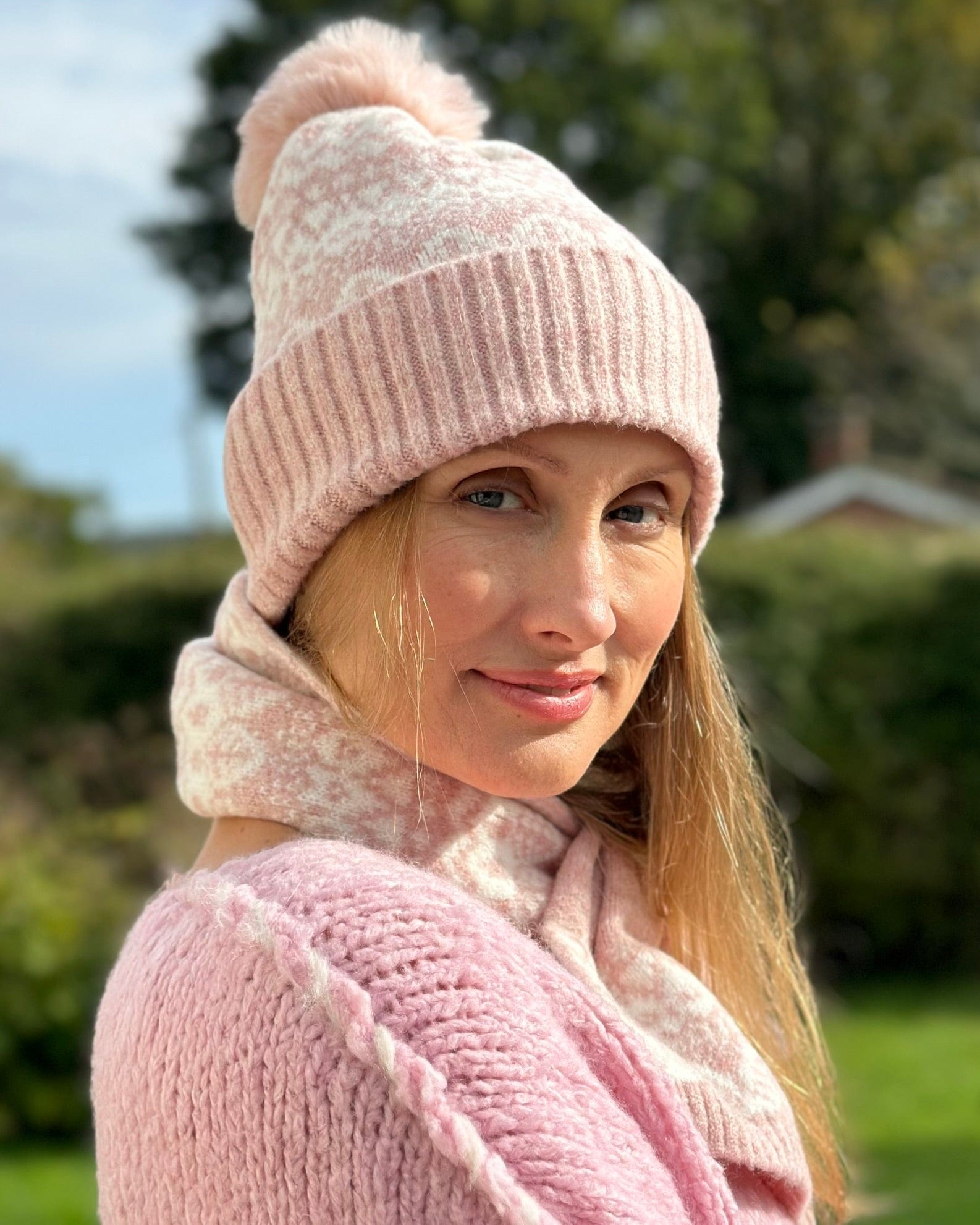 Fairisle Soft Pom Pom Hat Pale Pink